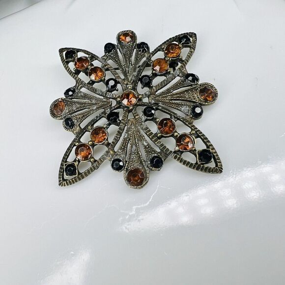 Vintage Victorian Style Filigree Brooch Silver Black Amber Tone Rhinestones 4053 - Picture 5 of 9